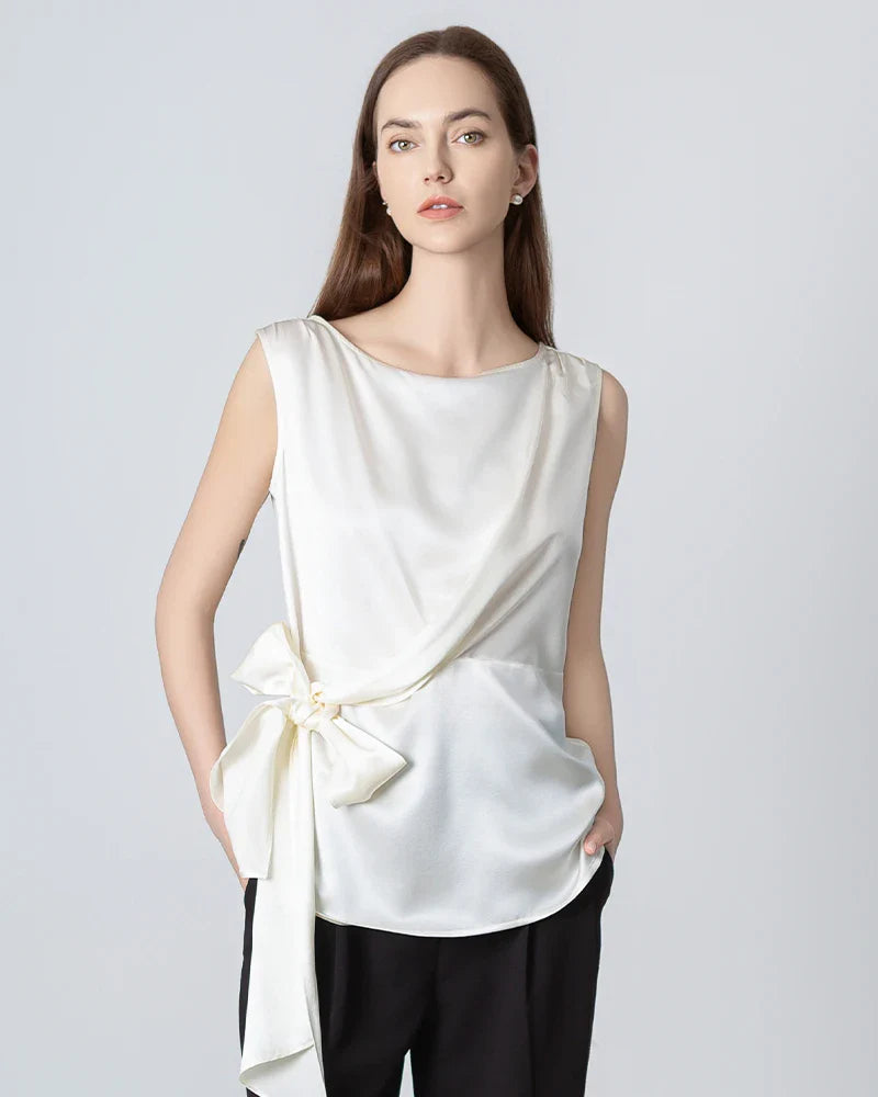 Sleeveless Wrap Silk Top, White