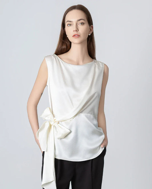 Sleeveless Wrap Silk Top, White