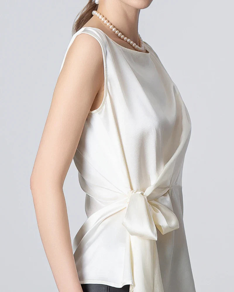 Sleeveless Wrap Silk Top, White