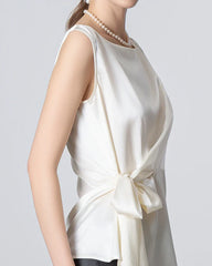 Sleeveless Wrap Silk Top, White