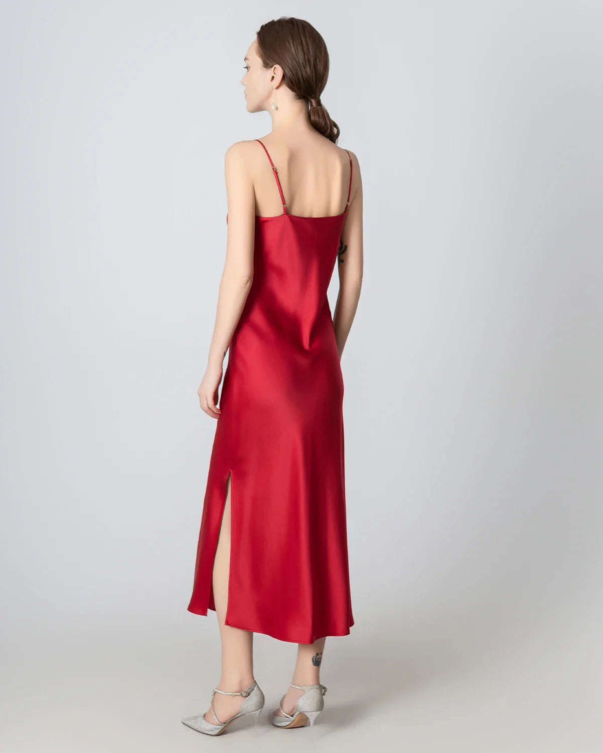 Slit Cowl Neck Midi Cami Silk Dress, Red