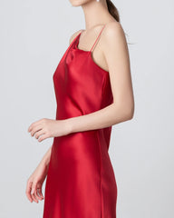Slit Cowl Neck Midi Cami Silk Dress, Red