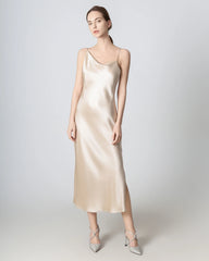Slit Cowl Neck Midi Cami Silk Dress, Champagne