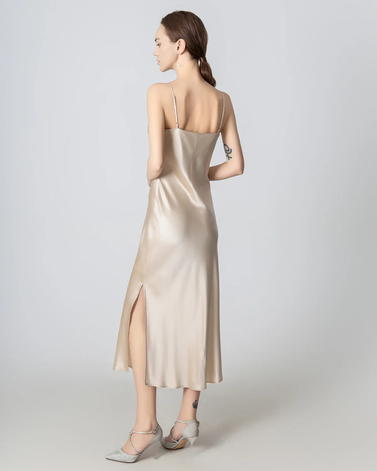Slit Cowl Neck Midi Cami Silk Dress, Champagne
