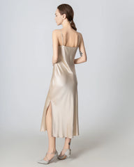 Slit Cowl Neck Midi Cami Silk Dress, Champagne