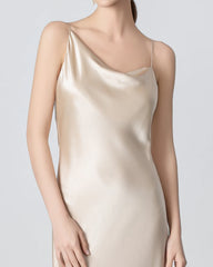 Slit Cowl Neck Midi Cami Silk Dress, Champagne
