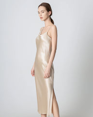 Slit Cowl Neck Midi Cami Silk Dress, Champagne