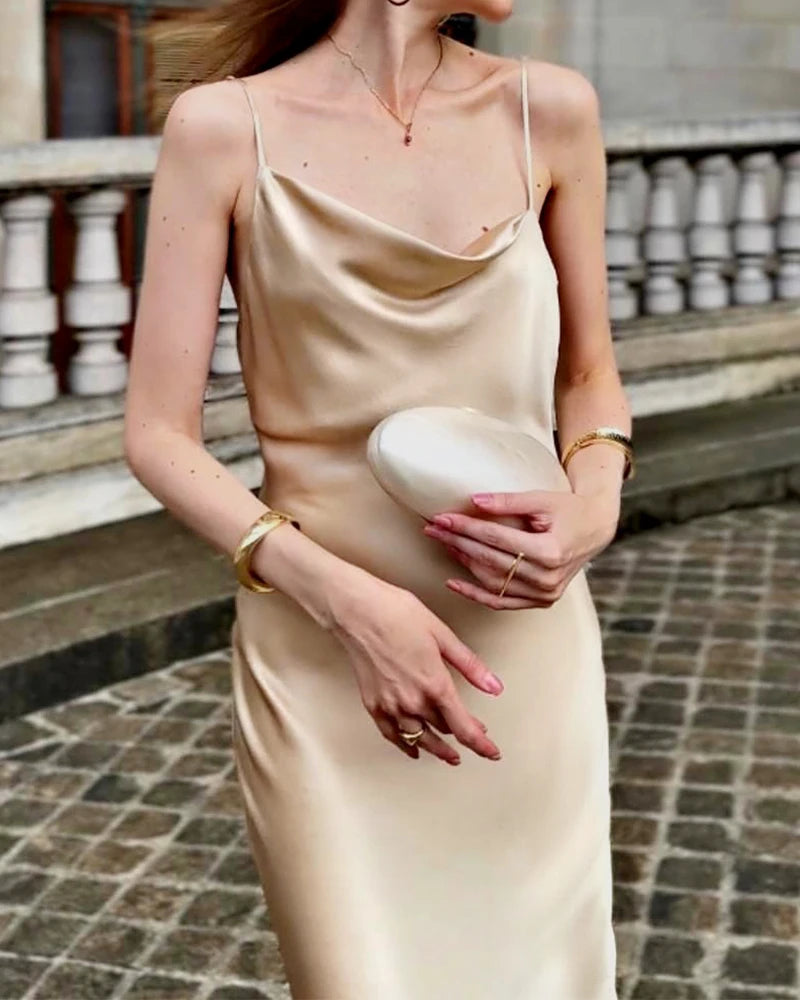 Slit Cowl Neck Midi Cami Silk Dress, Champagne