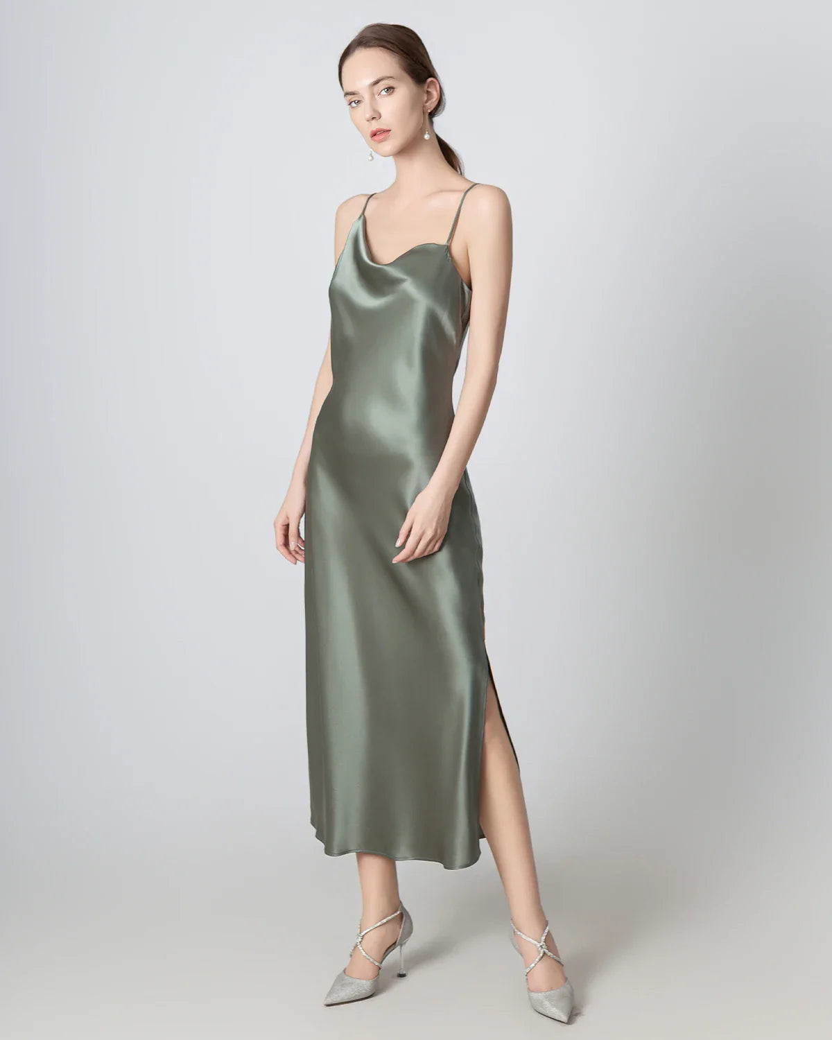 Slit Cowl Neck Midi Cami Silk Dress, Olive Green