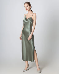 Slit Cowl Neck Midi Cami Silk Dress, Olive Green