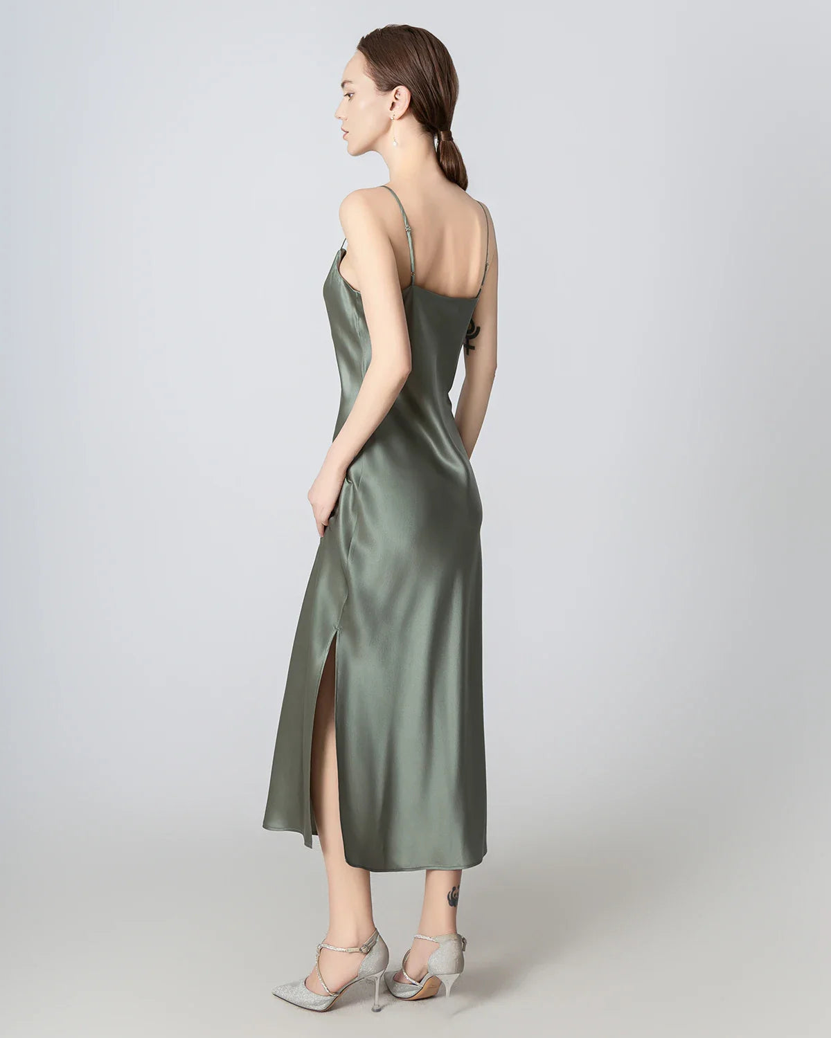Slit Cowl Neck Midi Cami Silk Dress, Olive Green