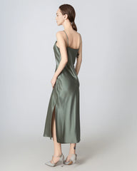 Slit Cowl Neck Midi Cami Silk Dress, Olive Green