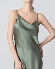 Slit Cowl Neck Midi Cami Silk Dress, Olive Green