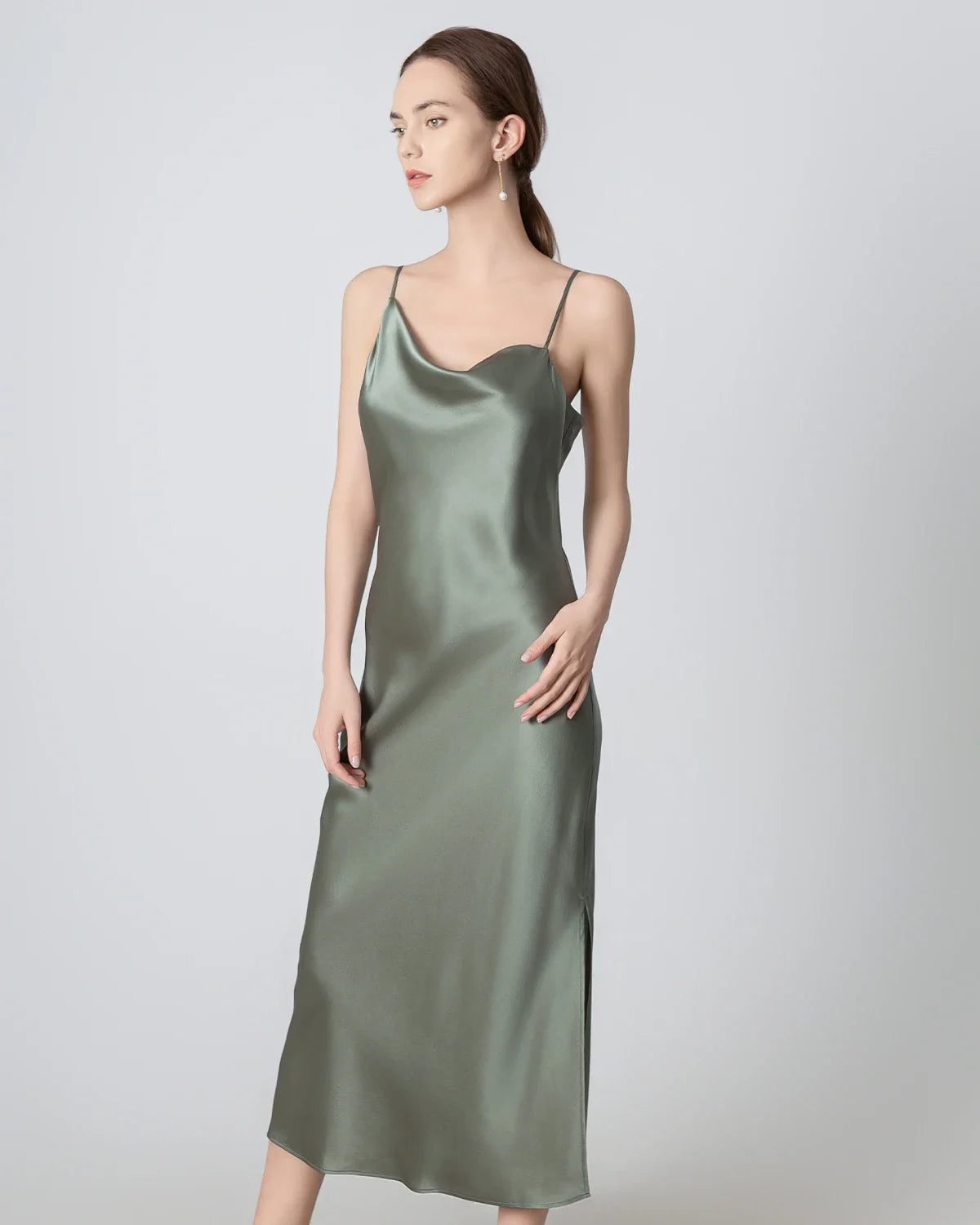 Slit Cowl Neck Midi Cami Silk Dress, Olive Green