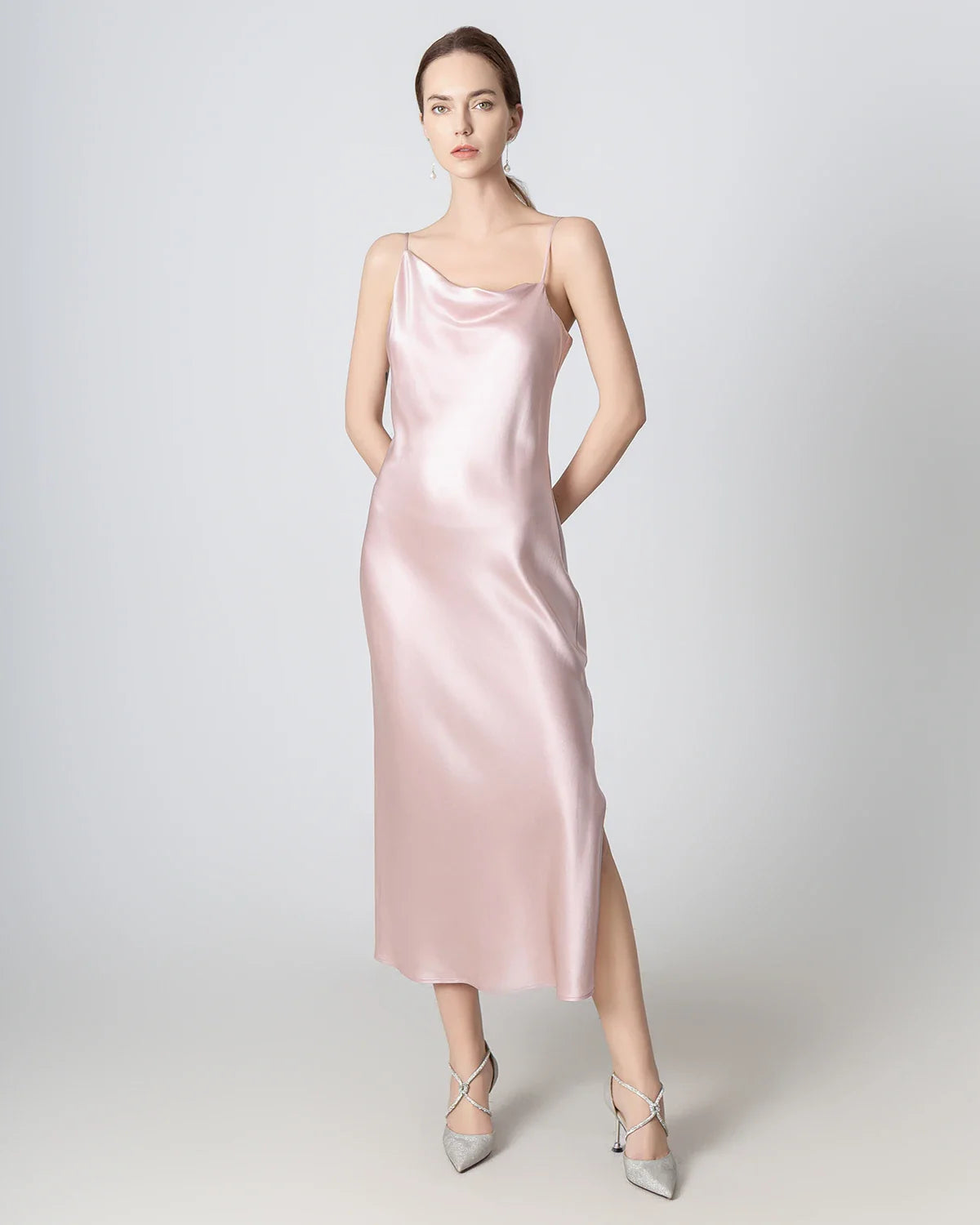 Slit Cowl Neck Midi Cami Silk Dress, Pink