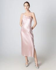 Slit Cowl Neck Midi Cami Silk Dress, Pink