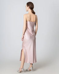 Slit Cowl Neck Midi Cami Silk Dress, Pink