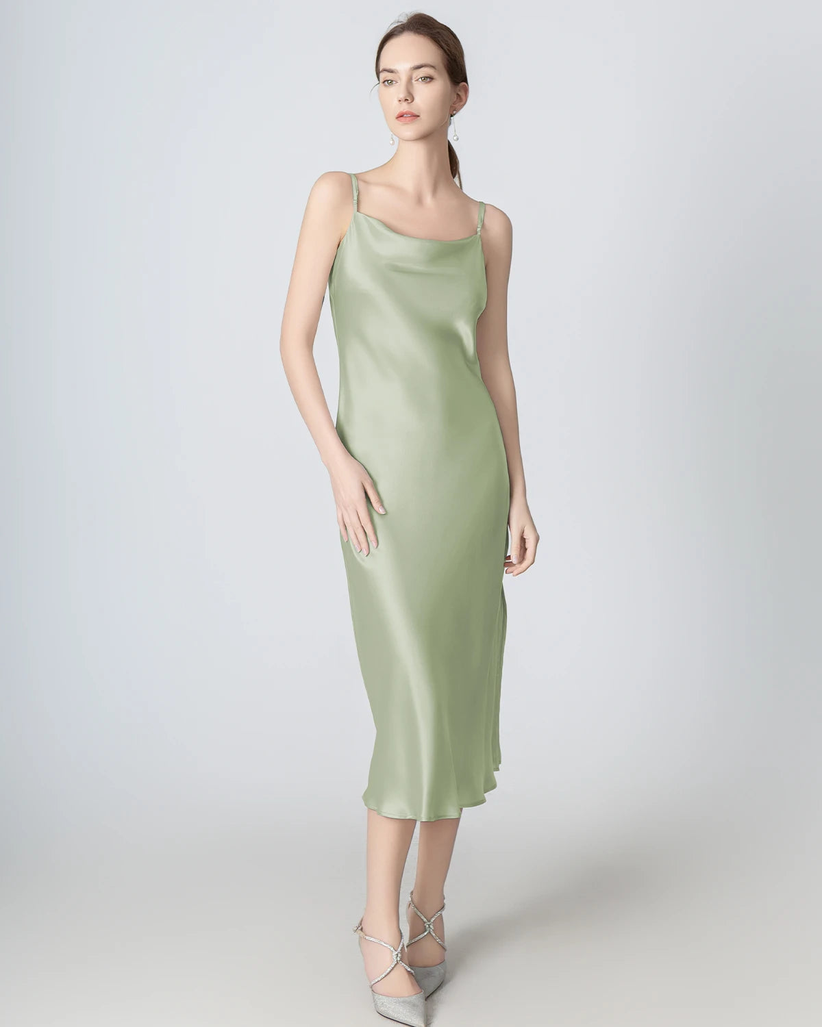 Slit Cowl Neck Midi Silk Dress, Green