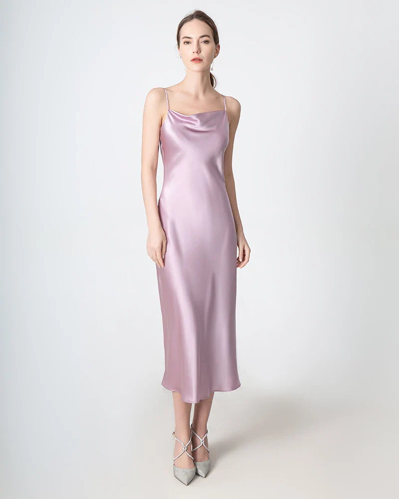 Slit Cowl Neck Midi Silk Dress, Pink