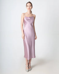 Slit Cowl Neck Midi Silk Dress, Pink