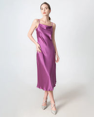 Slit Cowl Neck Midi Silk Dress, Purple