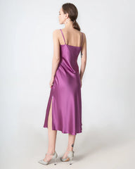 Slit Cowl Neck Midi Silk Dress, Purple