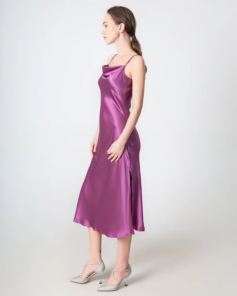 Slit Cowl Neck Midi Silk Dress, Purple