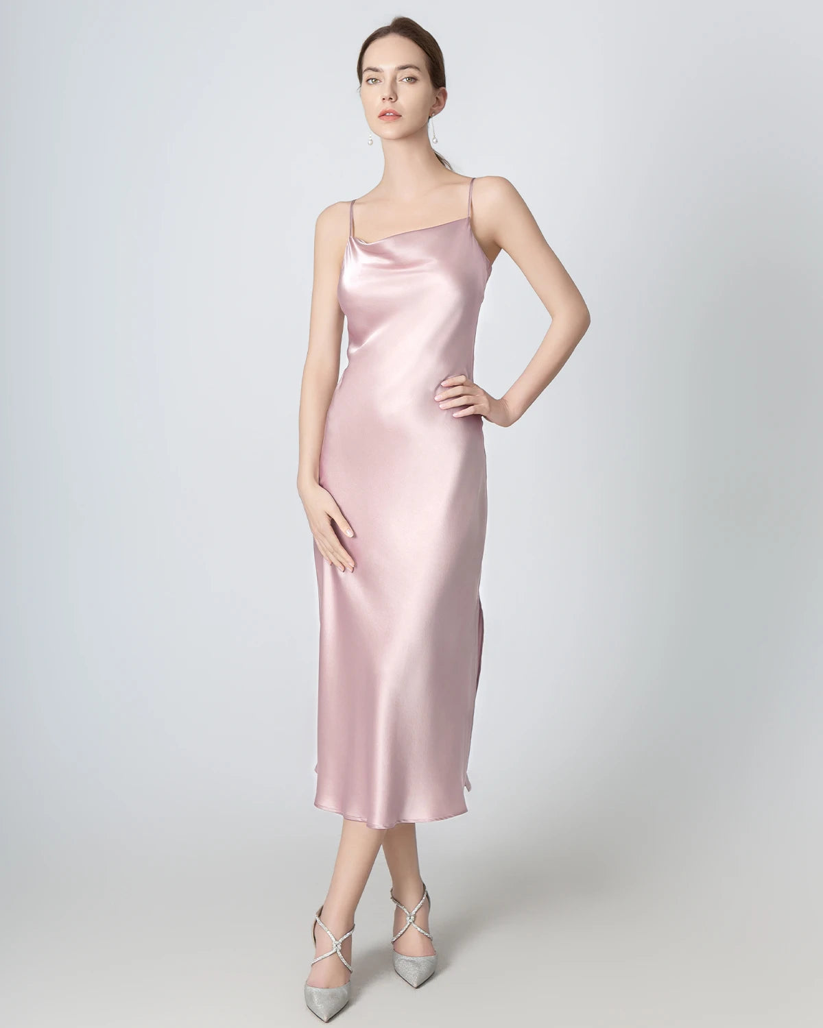 Slit Cowl Neck Midi Silk Dress, Rose Pink