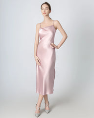 Slit Cowl Neck Midi Silk Dress, Rose Pink
