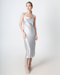 Slit Cowl Neck Midi Silk Dress, Grey