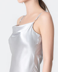 Slit Cowl Neck Midi Silk Dress, Grey