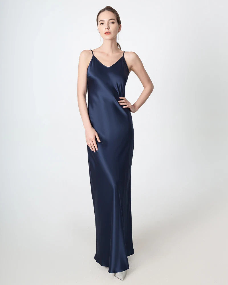 Slit V-neck Maxi Silk Dress, Navy