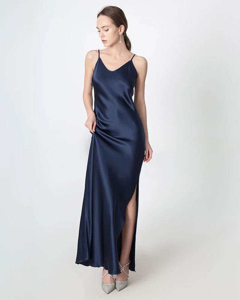 Slit V-neck Maxi Silk Dress, Navy