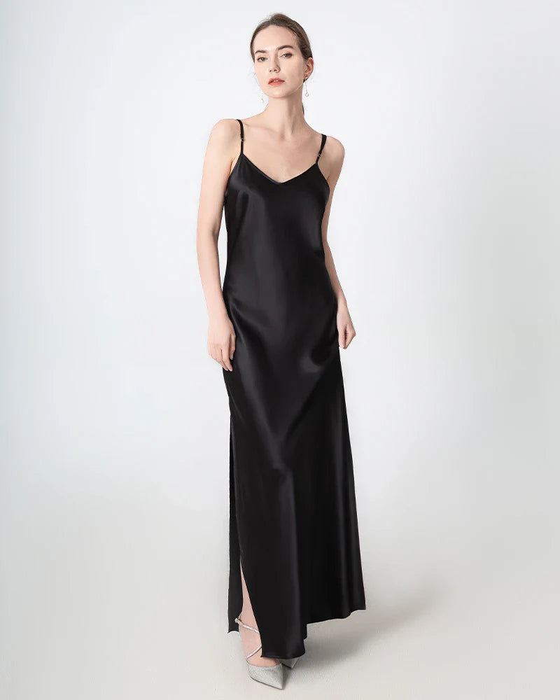 Slit V-neck Maxi Silk Dress, Black