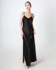 Slit V-neck Maxi Silk Dress, Black