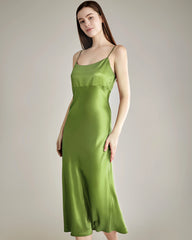 Solid Color Silk Satin Slip Long Dress, Mustard Green