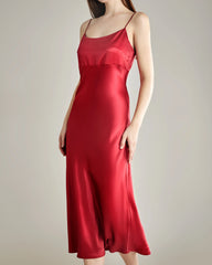 Solid Color Silk Satin Slip Long Dress Red