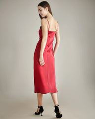 Solid Color Silk Satin Slip Long Dress Red