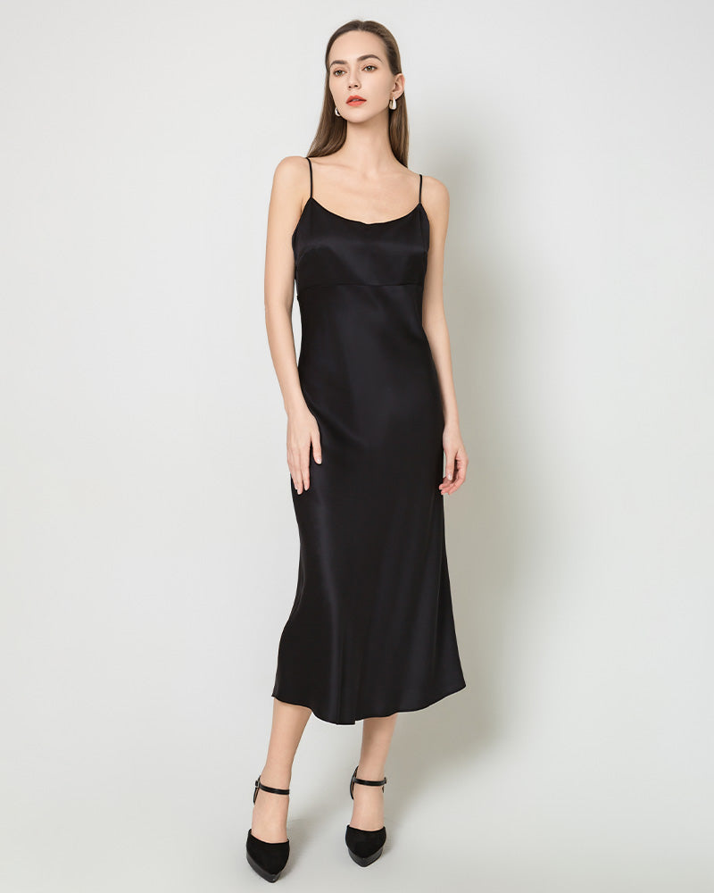 Solid Color Silk Satin Slip Long Dress Black