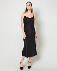 Solid Color Silk Satin Slip Long Dress Black
