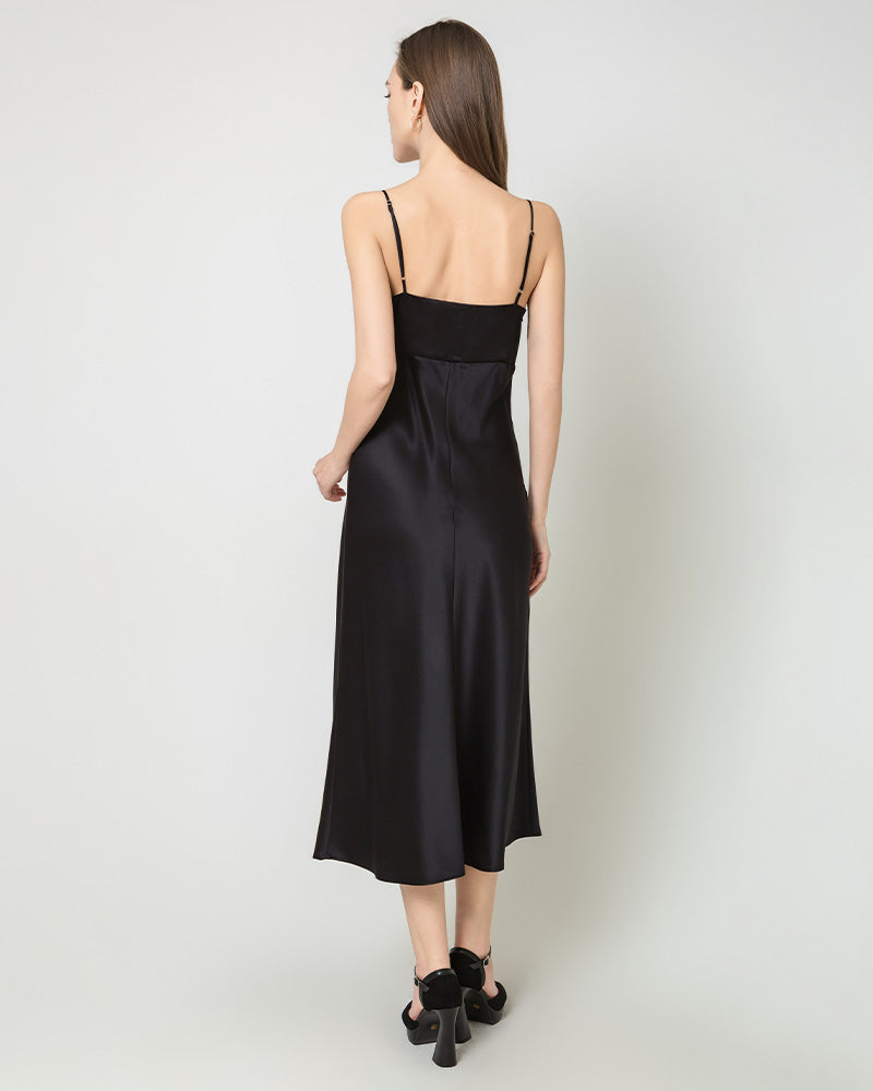 Solid Color Silk Satin Slip Long Dress Black