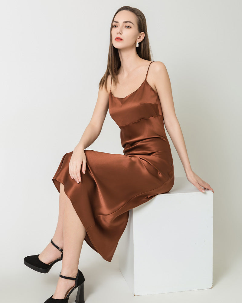 Solid Color Silk Satin Slip Long Dress Brown
