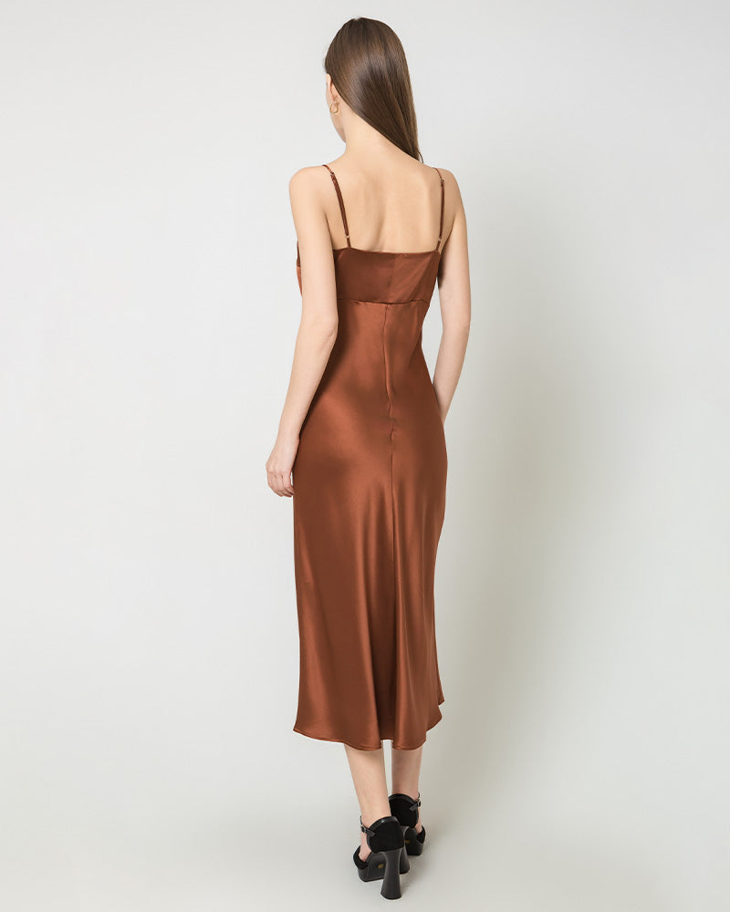 Solid Color Silk Satin Slip Long Dress Brown