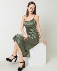 Solid Color Silk Satin Slip Long Dress Green