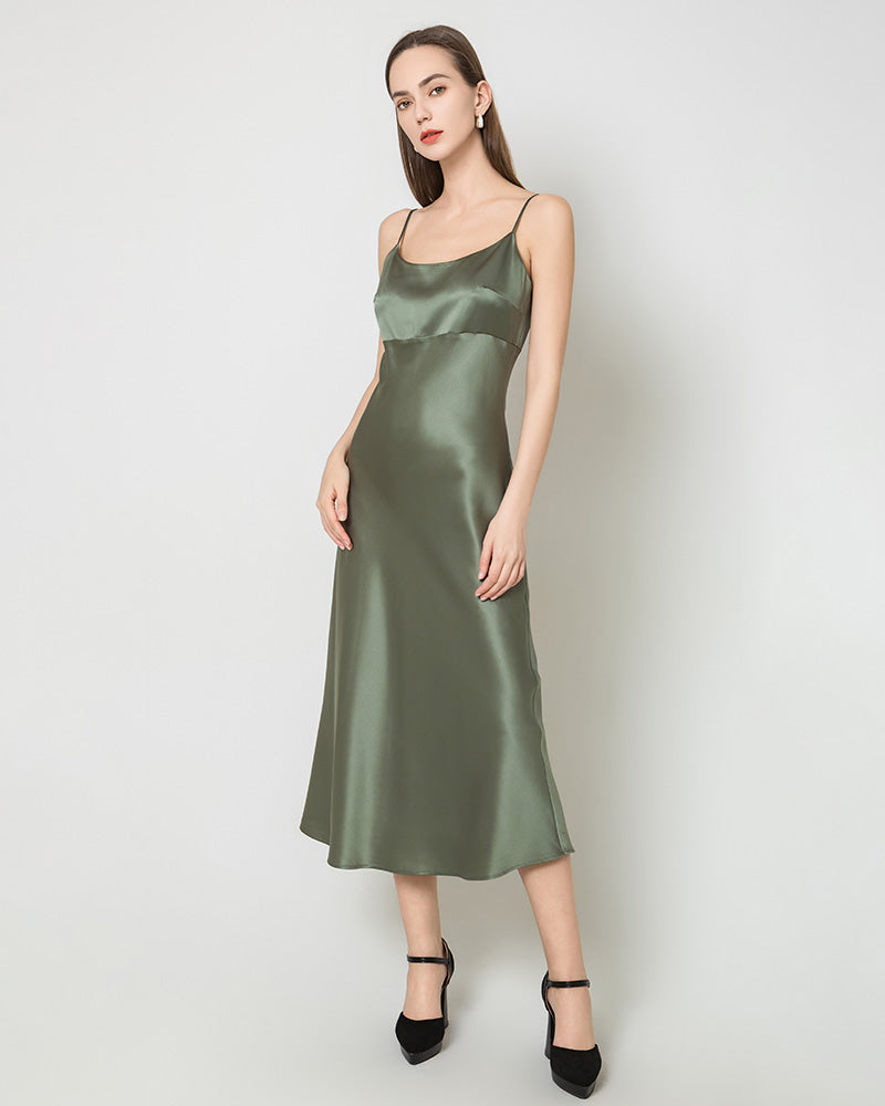 Solid Color Silk Satin Slip Long Dress Green