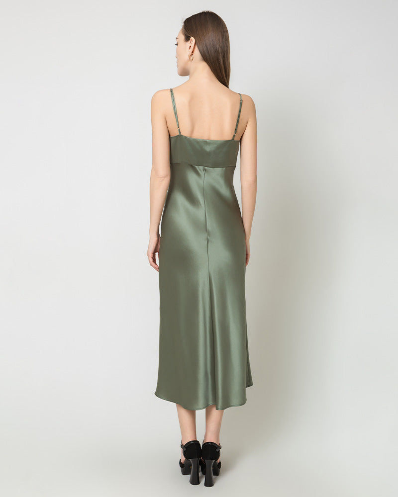 Solid Color Silk Satin Slip Long Dress Green