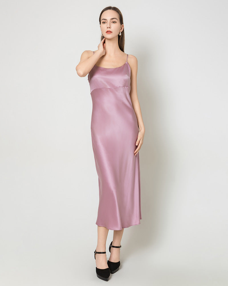 Solid Color Silk Satin Slip Long Dress Pink