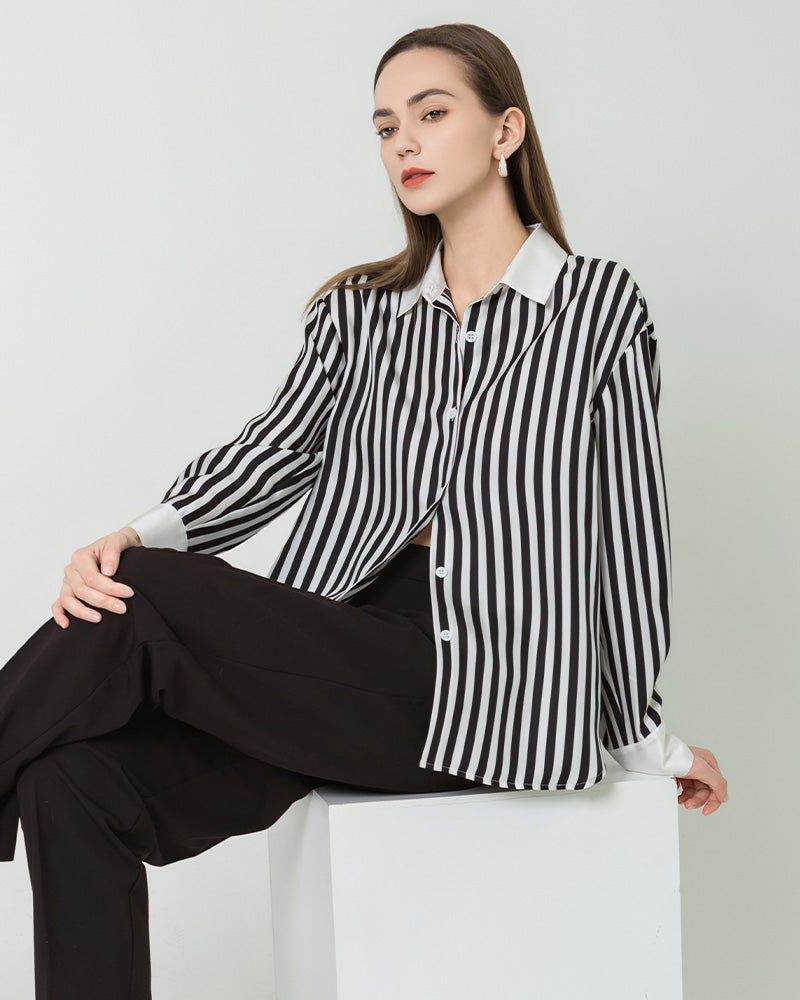Women Relaxed Stripe Silk Shirt, Black and White