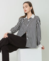 Women Relaxed Stripe Silk Shirt, Black and White