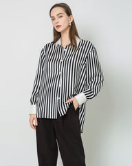 Women Relaxed Stripe Silk Shirt, Black and White